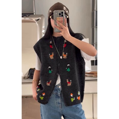 现货秒发诗歌兰24058慵懒法式手工卡通可爱羊毛针织马夹女25秋季