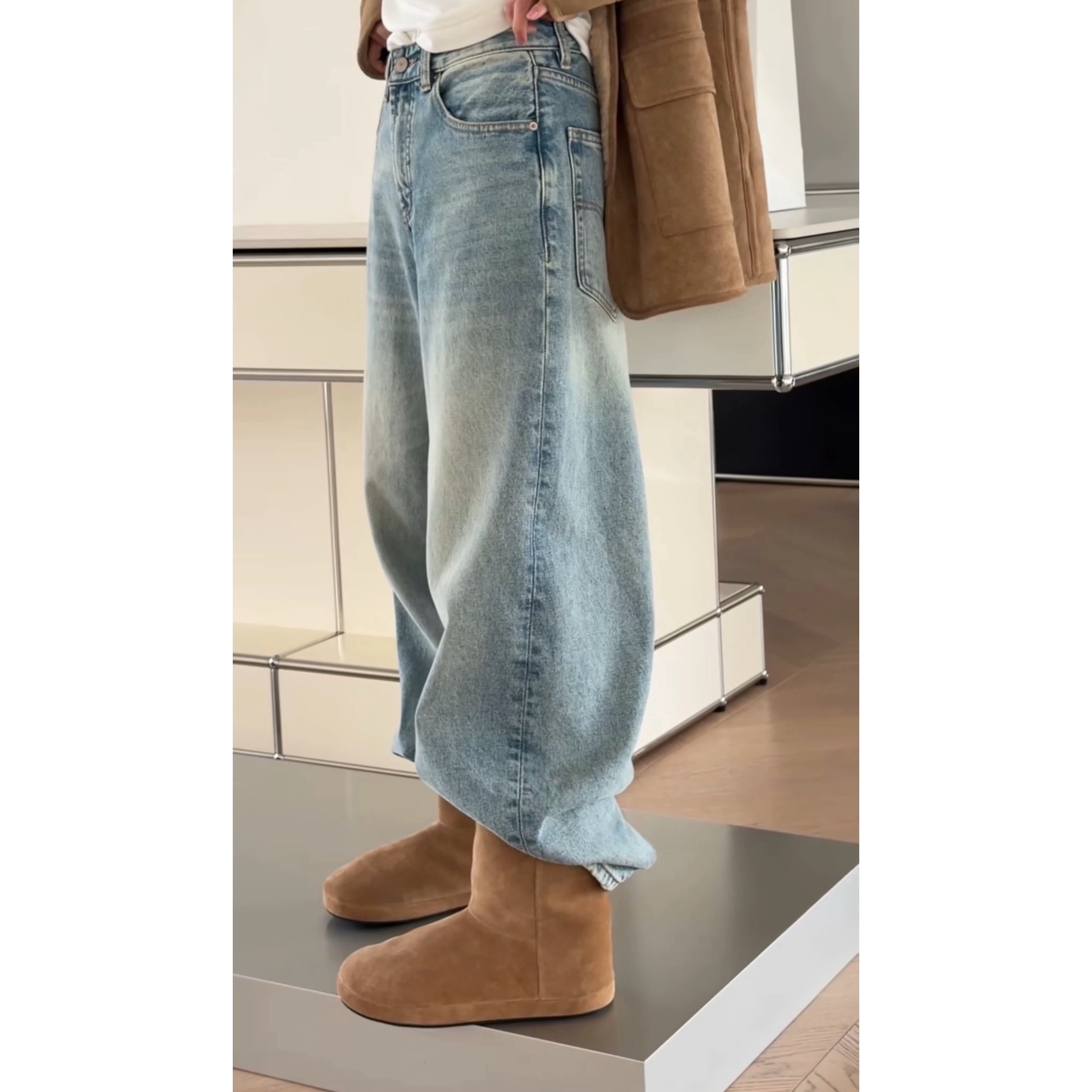 现货25年冬款诗歌兰18063复古美式个性裤脚磨破加绒直筒牛仔裤女