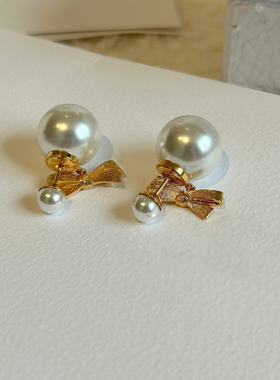 26P新款大小珍珠金色蝴蝶结耳坠女高级感精致百搭耳环925银针
