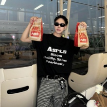 Asrts 小众情侣潮牌字母黑色短袖男美式宽松T恤女半袖上衣高级感