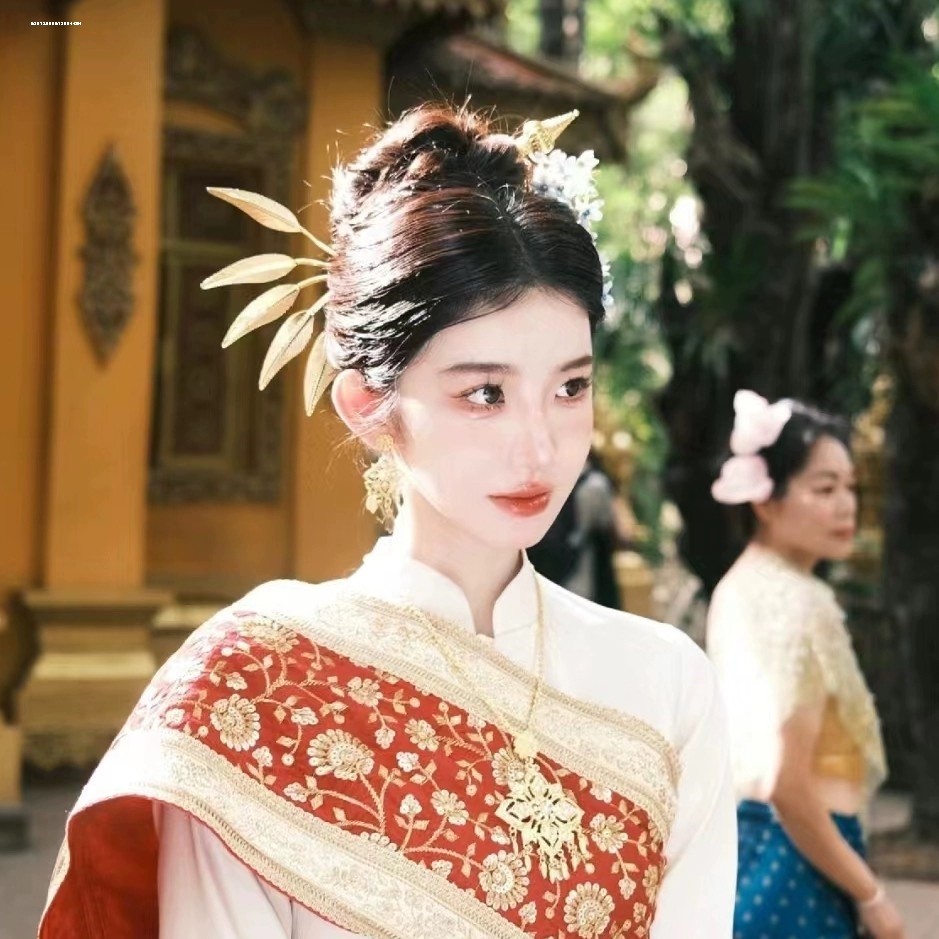 民族风发簪子合金镶钻发针复古风金色树叶子敦煌飞天头发饰品