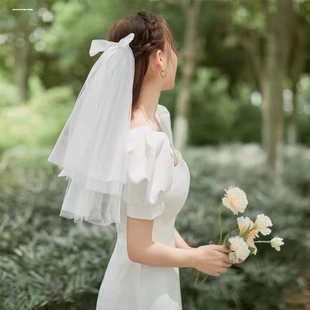 头纱领证新娘主婚纱复古轻求婚登记白色小蝴蝶结短款轻高级感女童