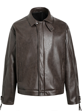 GOSNACE/GOS  美式复古波纹皮衣绒夹克短宽棕色秋冬美拉德外套