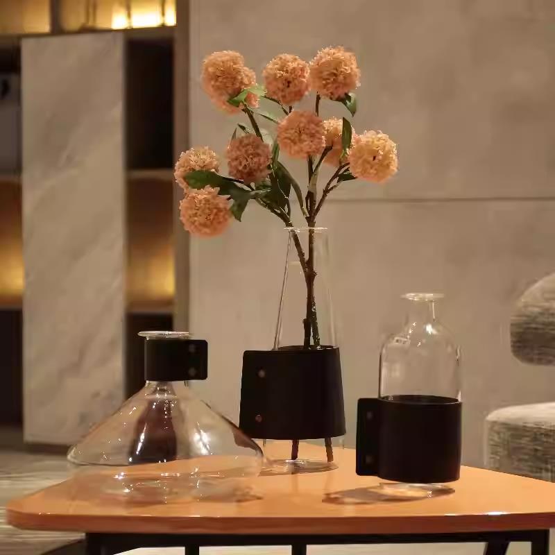 简约现代皮透明玻璃插花瓶家居装饰品样板房售楼部设计师软装摆件