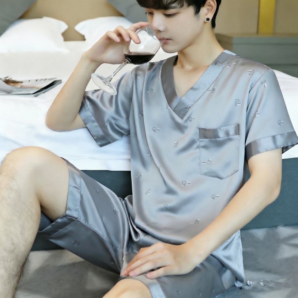 男士丝绸睡衣夏季短袖薄款冰丝大码宽松休闲夏天短裤家居服套装