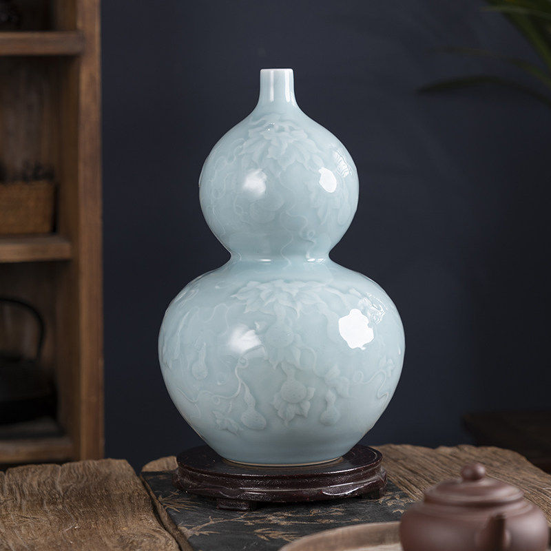 景德镇陶瓷轻奢影青釉雕刻将军罐花瓶中式客厅玄关装饰葫芦瓶摆件