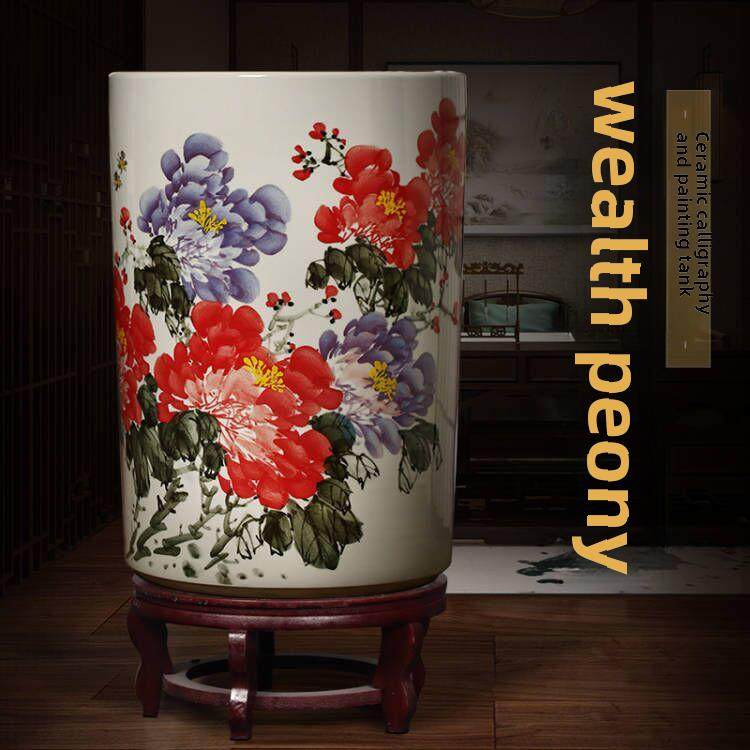 景德镇陶瓷器手绘箭筒书画卷轴缸字画筒收纳落地大号客厅家居摆件