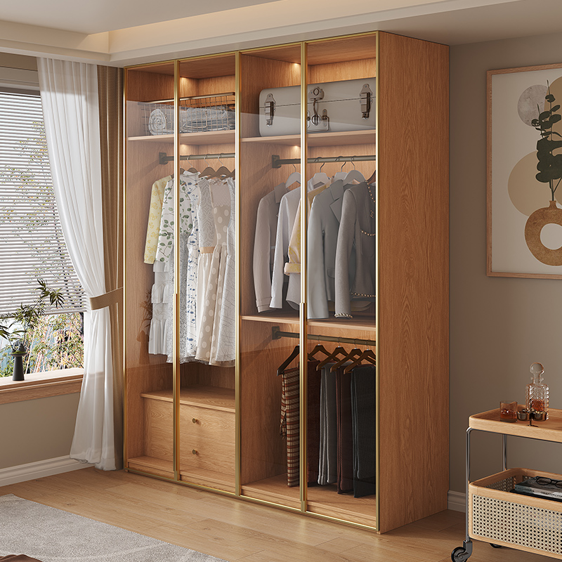 定制橡木实木衣柜一门到顶玻璃柜门卧室家用原木风储物六门大衣橱