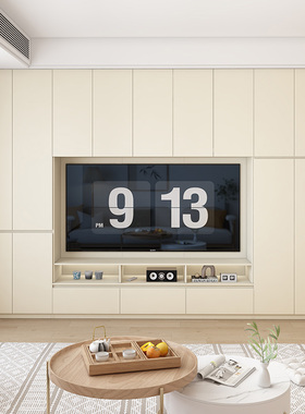 定制橡木满墙电视柜85寸白色全实木收纳储物一体客厅家用靠墙边柜