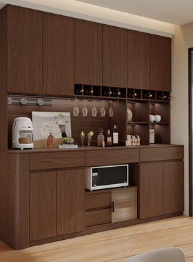 定制实木餐边柜靠墙一体储物柜简约深胡桃茶水柜厨房碗柜橡木高柜