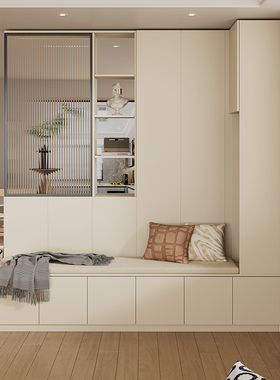 定制鞋柜家用门口储物高柜橡木全实木入户白色门厅一体靠墙换鞋凳