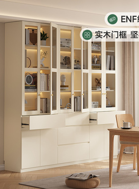 书柜定制实木橡木到顶展示柜满墙收纳柜家用玻璃落地白色组合书架