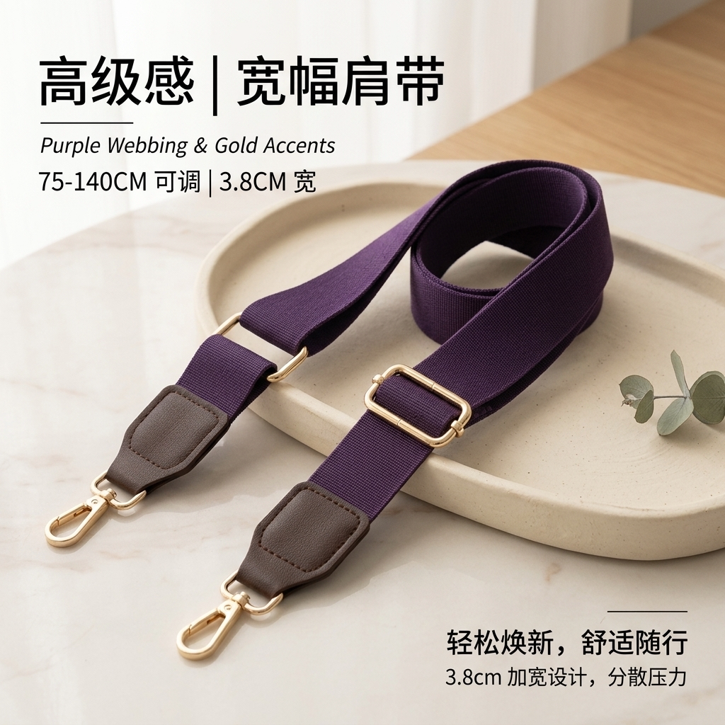 紫色可调节包带织物肩带金扣减压设计加宽不累肩替换配件图片