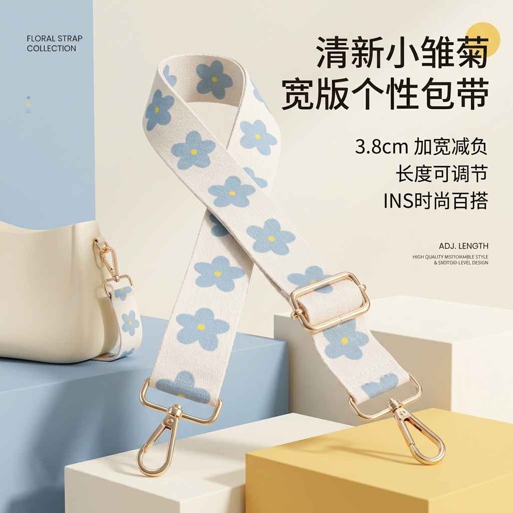 清新小雏菊宽版可调节包带蓝色花朵民族风替换肩带配件