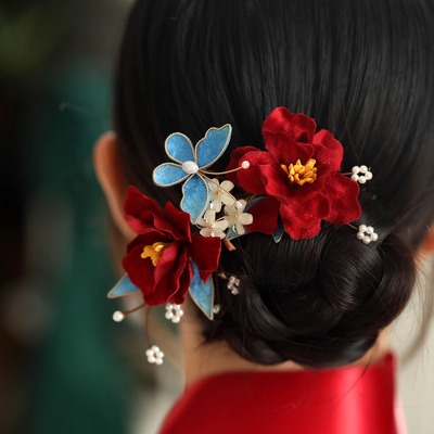 发梳插梳 新中式国风红色山茶花发簪女2025新款盘发簪子旗袍头饰