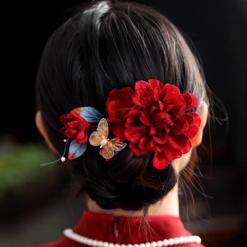 复古红色花朵秀禾服发夹蝴蝶发饰古典优雅头饰女新娘婚礼造型配饰