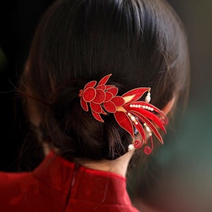 陌小墨中国风红色掐丝布绒锦鲤发夹女结婚礼服旗袍秀禾气质服配饰