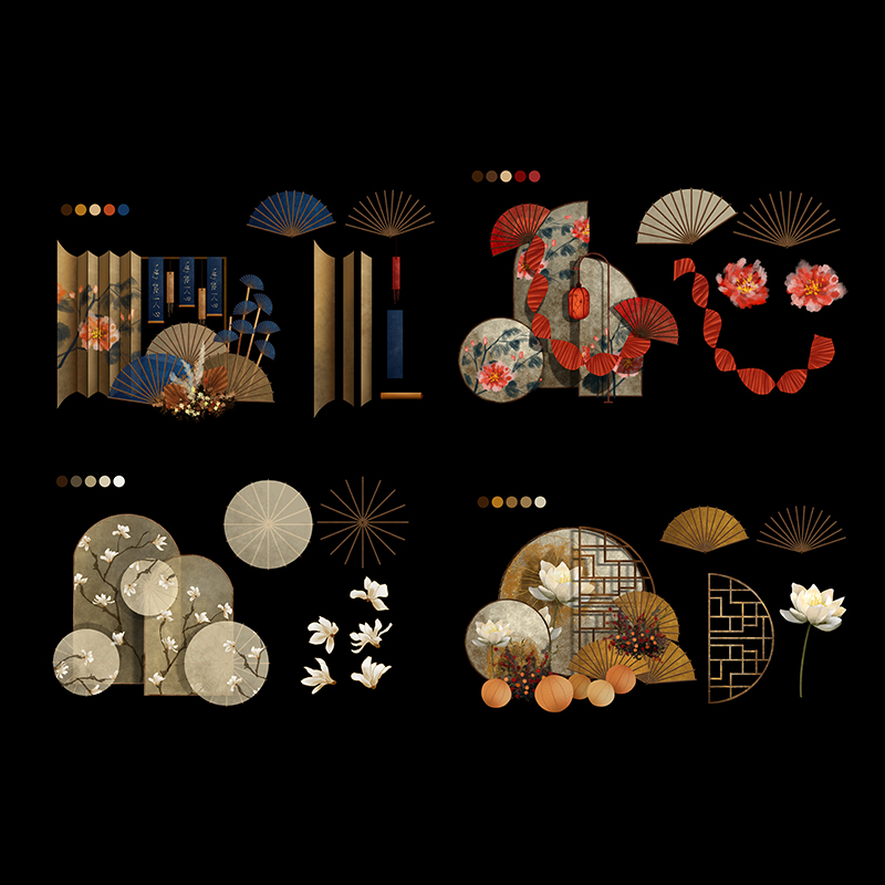 中式婚礼道具素材屏风扇子灯笼PSD分层源文件婚礼素材设计
