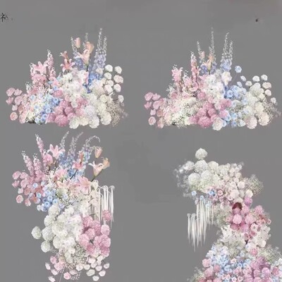 白色粉蓝色满天星绣球花白蓝粉婚礼手绘花艺拱门效果图psd素材