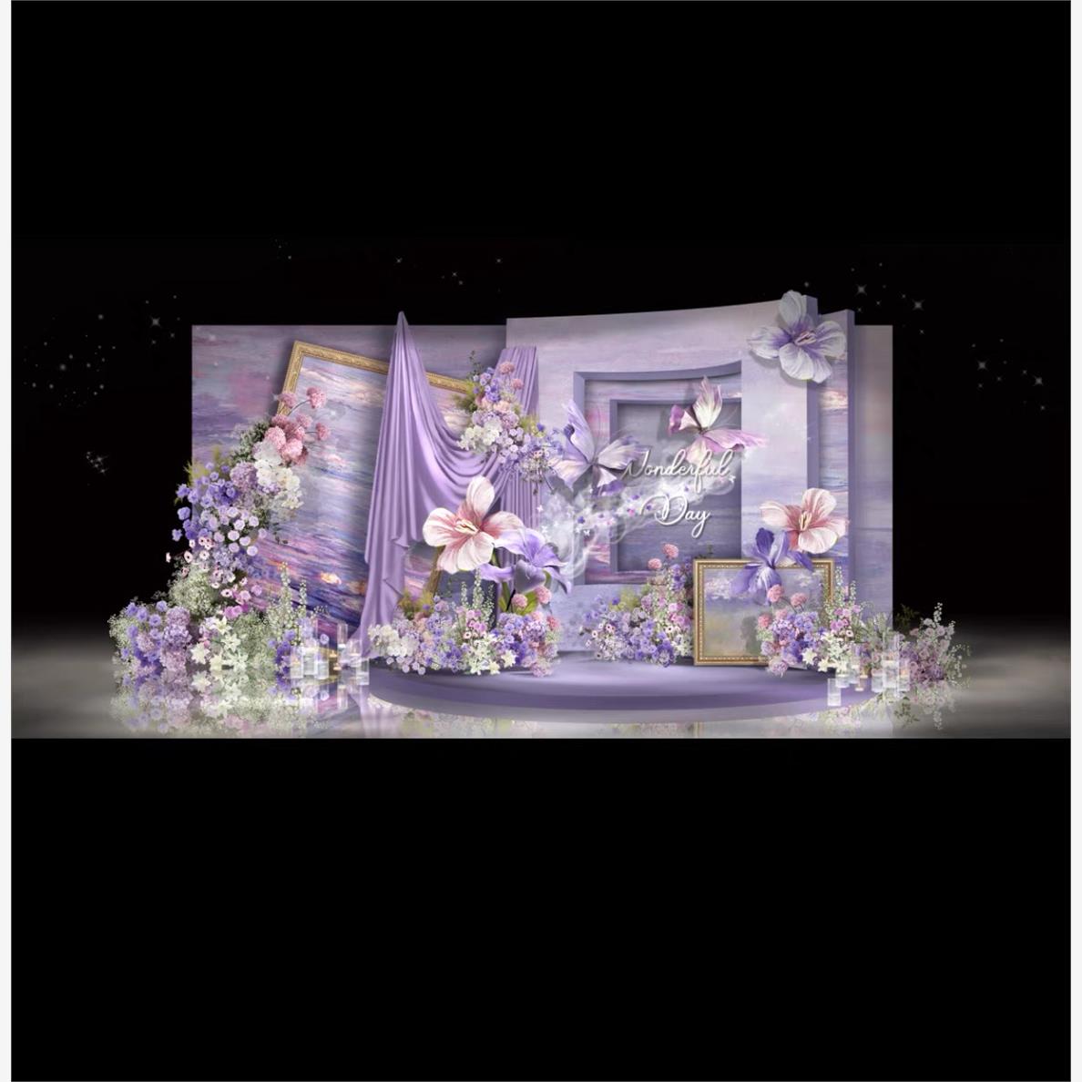 紫色莫奈花园风婚礼效果图迎宾区粉紫色花艺纸花蝴蝶psd素材W083
