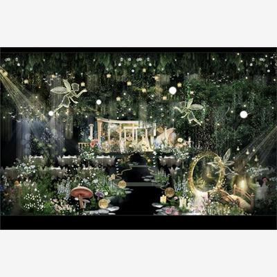 法式花园森系婚礼效果图 梦幻大气吊顶手绘效果图ps仪式区舞台区