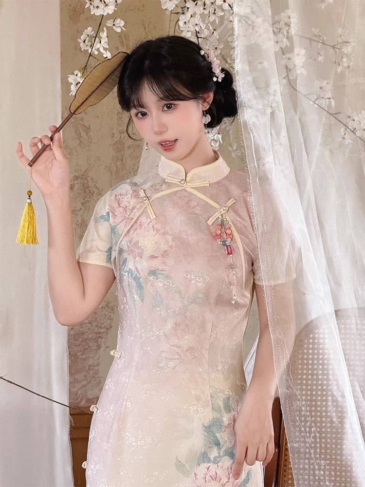 川黛时光:兰芍之约 粉色国风旗袍裙子印花中长款旗袍收腰显瘦裙