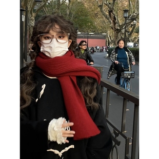 日本进口鬼怪同款红色围巾女冬季圣诞新年加厚保暖针织围脖百搭氛