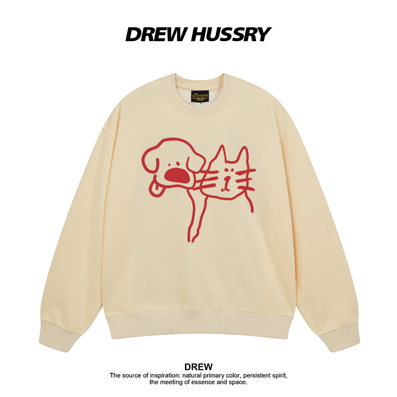 Drew美式潮牌趣味猫咪狗狗印花圆领卫衣男女秋冬加绒加厚情侣上衣