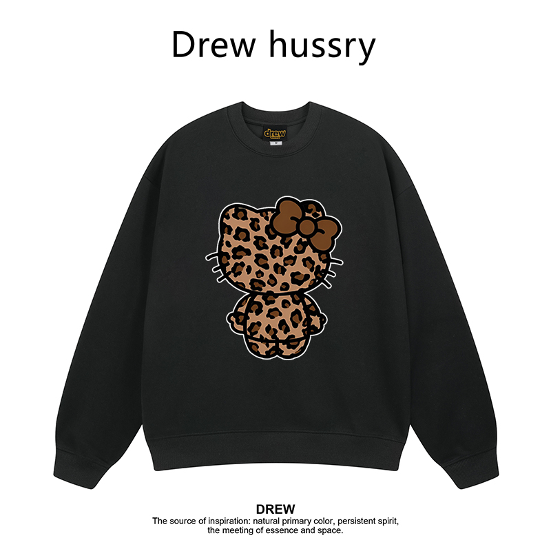 Drew美式潮牌豹纹Kitty圆领卫衣女春秋宽松慵懒风纯棉上衣情侣装