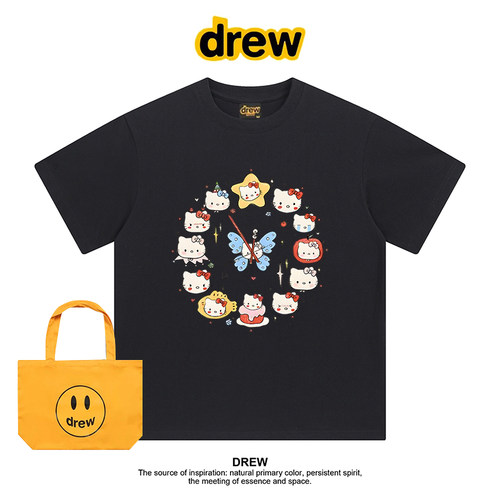 Drew美式潮牌KT猫时钟夏季圆领正肩短袖T恤男女款休闲上衣