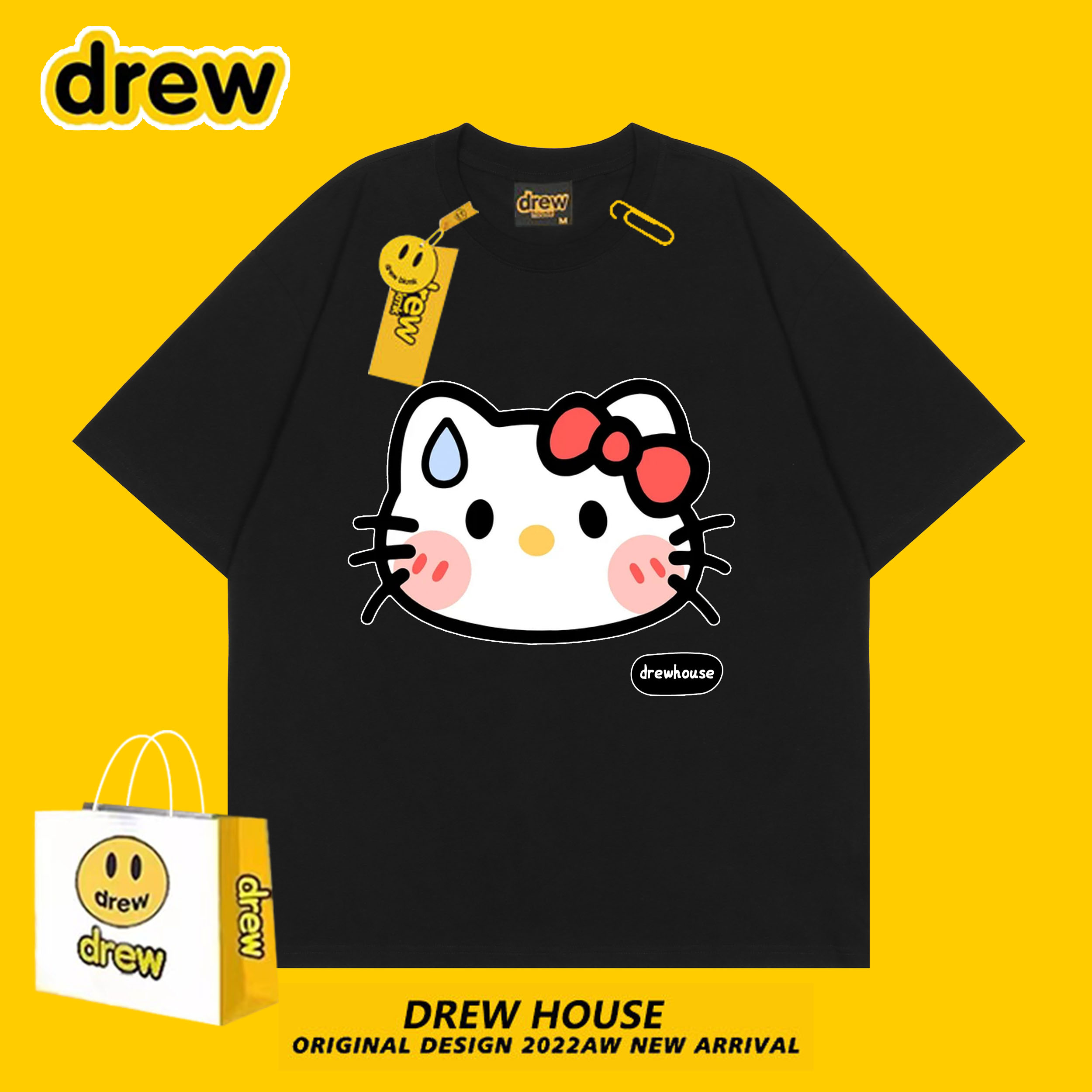 Drew house笑脸HelloKitty联名款卡通可爱趣味夏季美式潮牌短袖