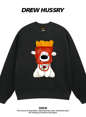 Drew美式潮牌薯条小狗印花圆领卫衣男女秋冬加绒加厚情侣装上衣