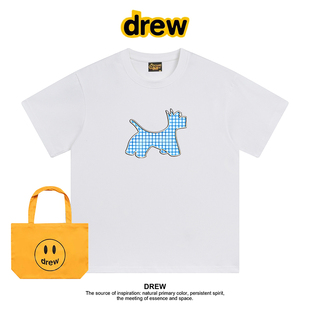 Drew美式潮牌格子小狗印花夏季圆领正肩短袖T恤男女款休闲上衣