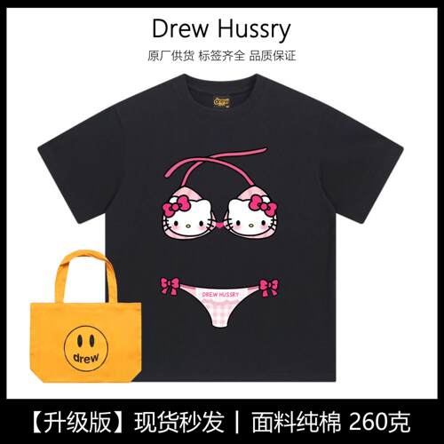 Drew美式潮牌卡通比基尼kitty搞怪抽象猫印花纯棉短袖T恤上衣ins