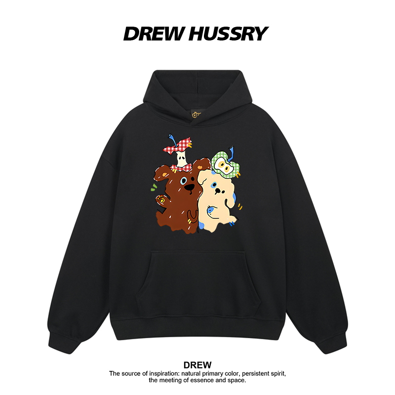 Drew美式潮牌趣味狗狗卡通印花连帽卫衣男女秋冬加绒加厚情侣帽衫
