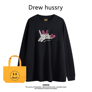 Drew美式潮牌虞书欣同款猫咪印花夏季圆领正肩长袖T恤男女款上衣