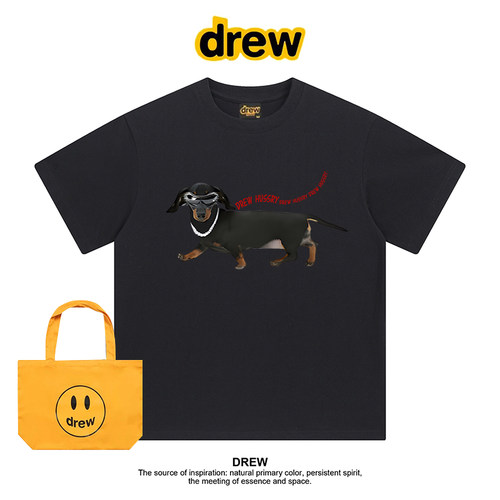 Drew美式潮牌墨镜腊肠狗印花短袖T恤情侣上衣男女同款纯棉百搭ins