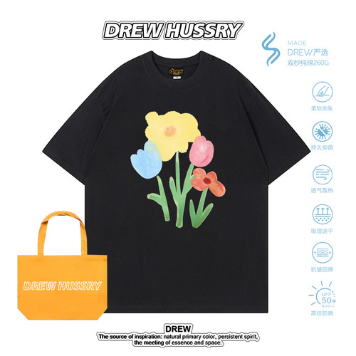 Drew美式潮牌花朵印花短袖T恤男女宽松纯棉简约风上衣休闲半袖ins