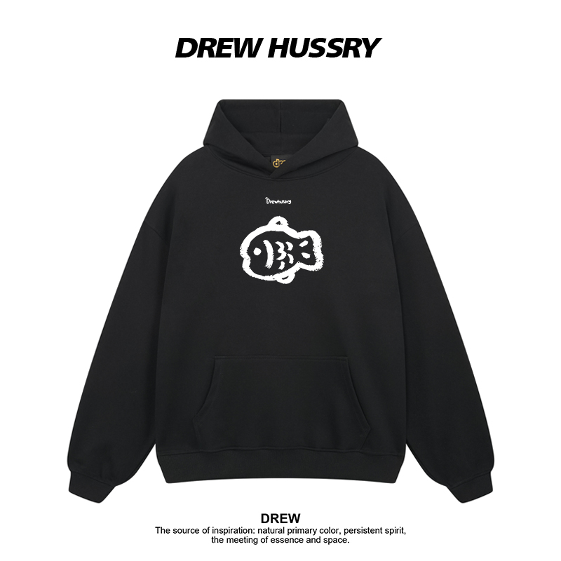 Drew美式潮牌小鱼印花连帽卫衣男女情侣装宽松百搭黑色帽衫外套