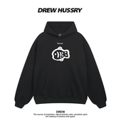 宽松百搭黑色帽衫 Drew美式 潮牌小鱼印花连帽卫衣男女情侣装 外套