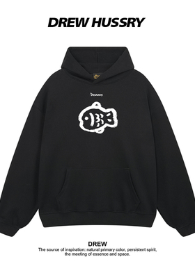 Drew美式潮牌小鱼印花连帽卫衣男女情侣装宽松百搭黑色帽衫外套