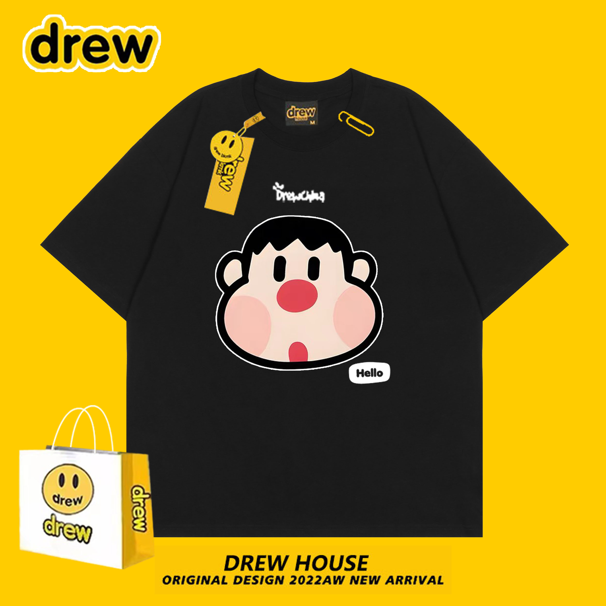 Drew house笑脸卡通胖虎可爱趣味印花情侣款百搭圆领纯棉夏季短袖