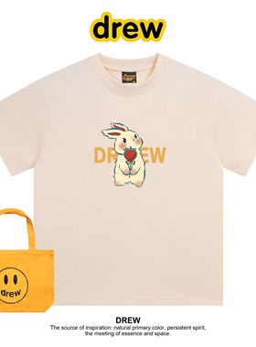 Drew笑脸兔子宽松短袖男女t恤夏夏季纯棉黑色显瘦t恤甜酷潮牌上衣