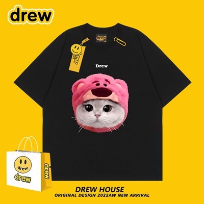 Drew笑脸可爱英短猫猫T恤夏季休闲百搭宽松情侣纯棉男女同款短袖