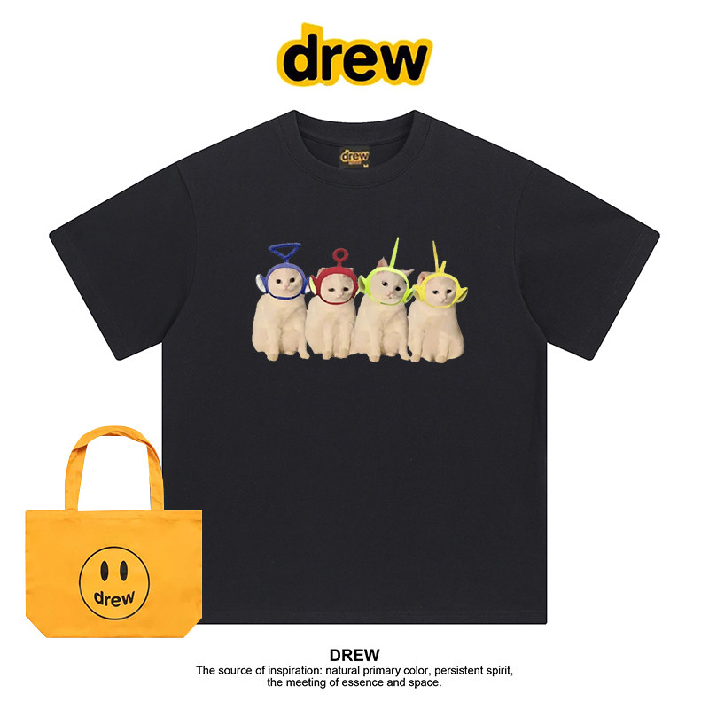 Drew美式潮牌天线猫咪抽象卡通印花休闲百搭宽松短袖T恤情侣上衣图片