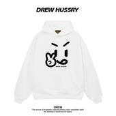 Drew美式 潮牌卡通趣味线条比耶印花连帽卫衣男女情侣装 宽松上衣
