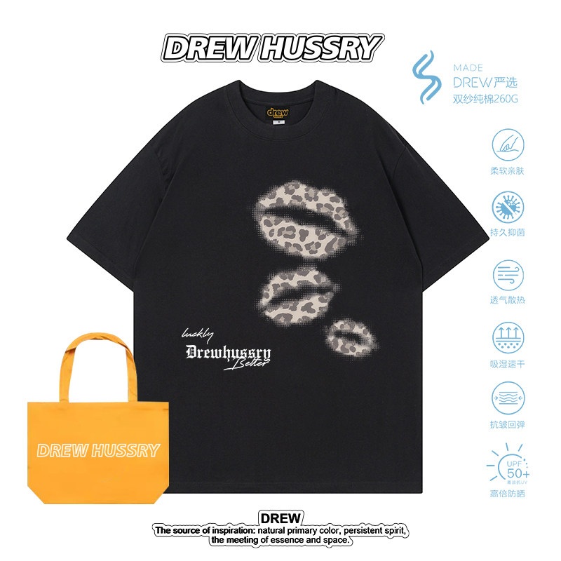 Drew美式潮流豹纹嘴唇印花短袖T恤男女简约风夏季上衣圆领半袖ins
