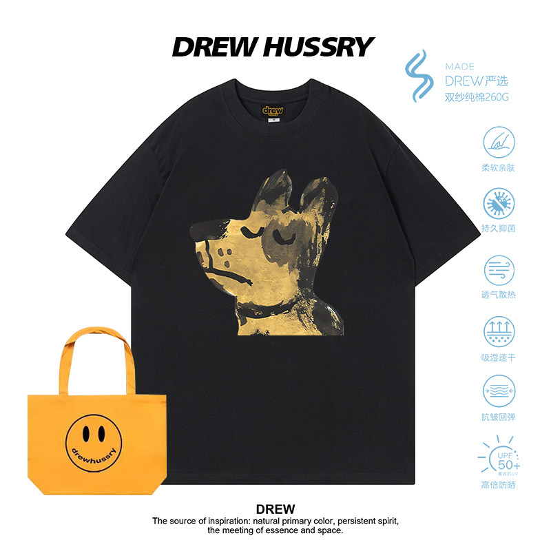 Drew美式卡通狗狗印花短袖T恤男女纯棉宽松百搭情侣装圆领半袖ins