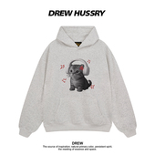 Drew美式 潮牌小众猫咪印花纯棉连帽卫衣男女宽松百搭休闲情侣上衣
