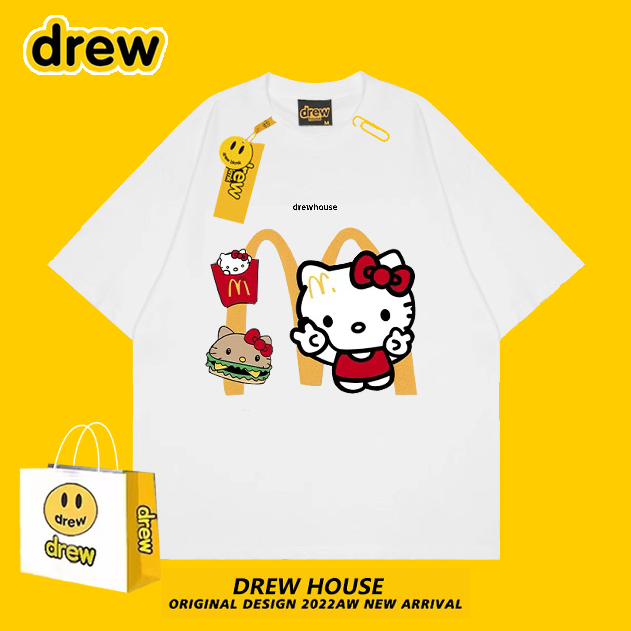 Drew house笑脸HelloKitty联名可爱趣味夏季纯棉圆领印花短袖T恤